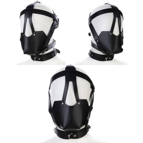 PU Leather Harness Hollow Out Bondage Hood Adult Halloween N