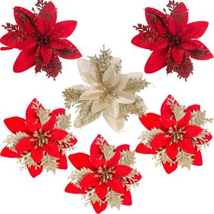 10/5pcs 15cm Glitter Christmas Flowers Artificial Poinsettia