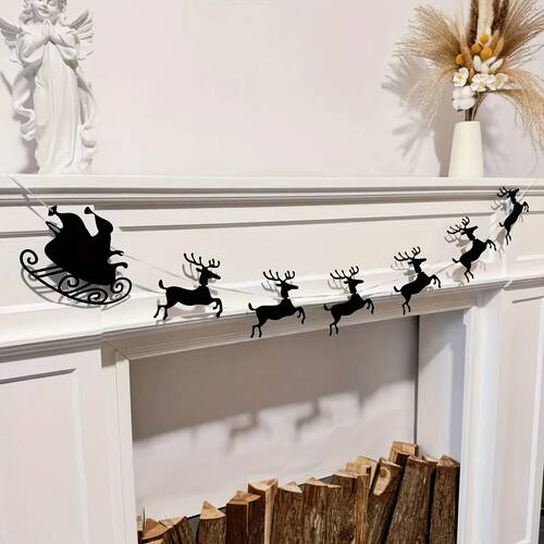 Classic Christmas Reindeer Santa Sleigh Garland Black Felt f