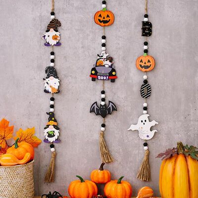 Halloween Wooden Beads Pendant Gnome Pumpkin Bat Ghost Hangi