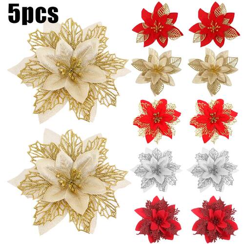 5Pcs Glitter Artificial Flower Christmas Decorative Flowers