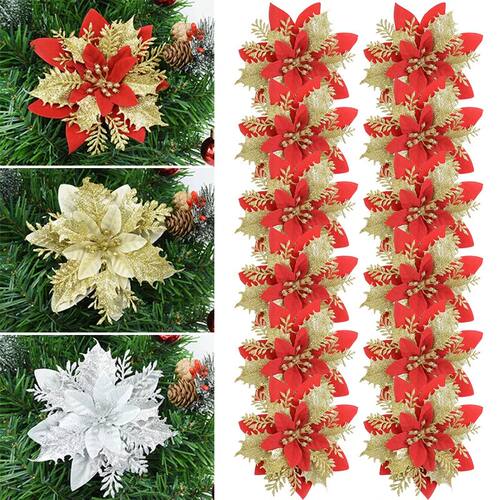 3/5/10Pcs Glitter Red Christmas Flowers 14cm Artificial Xmas