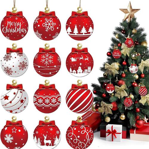 12PCS Wooden Christmas Tree Ornaments Set 2D Wood Christmas