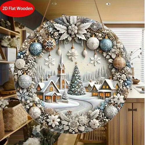 2D Flat Winter Christmas Wooden Sign Relief Effect of Ice an