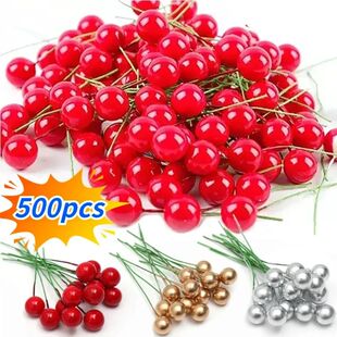 500/50Pcs Artificial Berries Red Cherry Stamen Mini Fake Ber