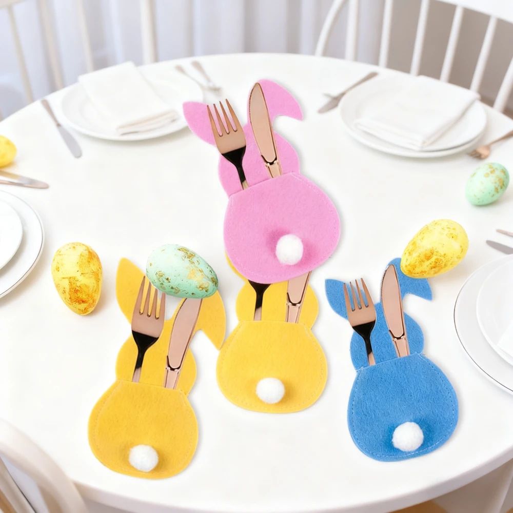 4pcs Easter Rabbit Shape Cutlery Bag Knife Fork Tableware Ho