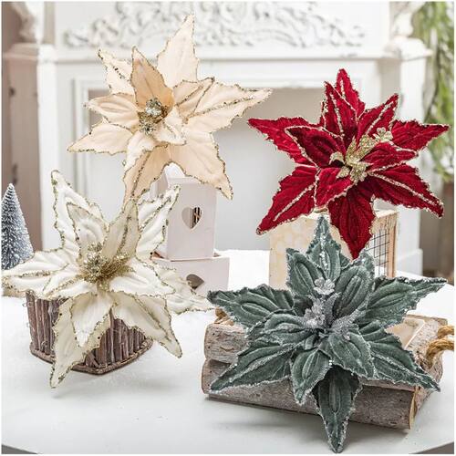 26CM Christmas Flower Red Gold Glitter Fleece Simulation Fak