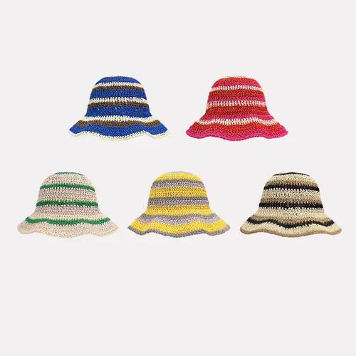 New Striped Knitted Straw Crochet Hats Hollow Breathable Sun