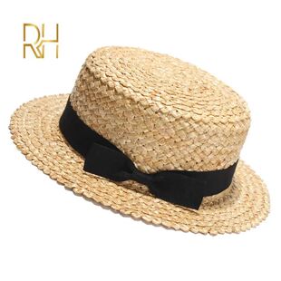 Summer Female Natural Stiff Wheat Straw Boater Fedora Top Fl