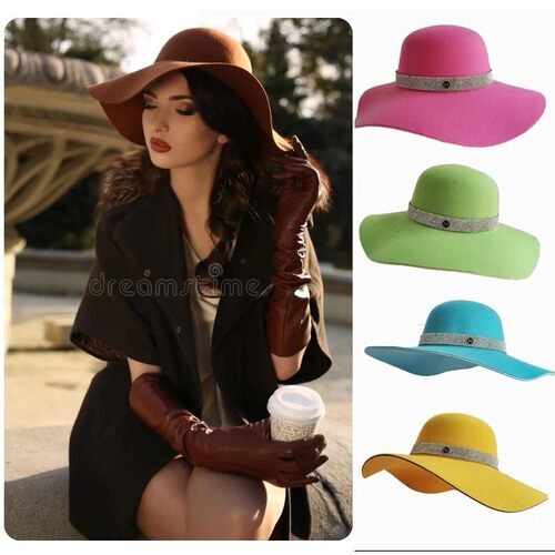 French Vintage Women's Big Brim Colorful Felt Hat Unisex Fed