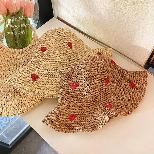 Women's Vacation Leisure Red Love Crochet Handmade Straw Hat