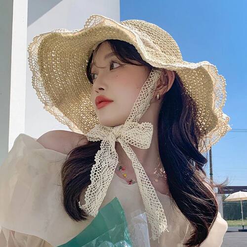 Lace Bow Women Straw Hat Wide Brim Hollow Out Grass Handwove