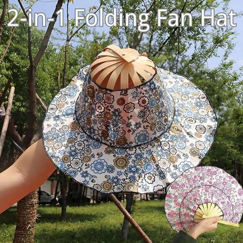 Women Folding Fan Hat Handheld Foldable Wide Brim Hat For Tr