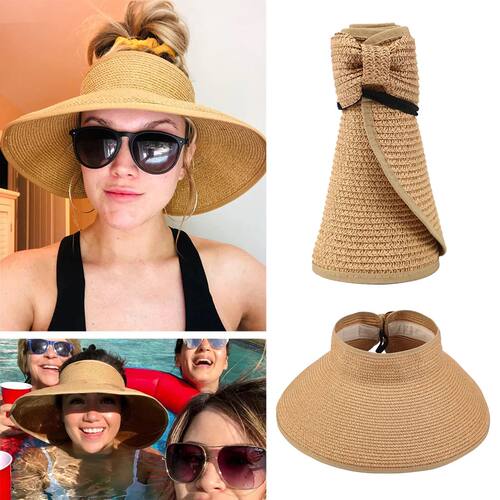 New Women Roll Up Sun Visor Wide Brim Straw Hat Summer Folda