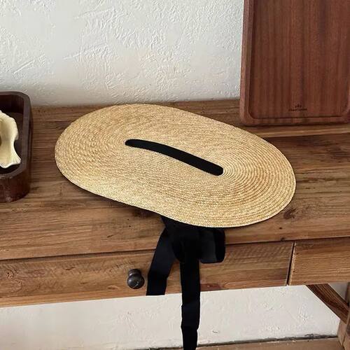 New French Elegant Strap Natural Straw Fadora Hat For Woman