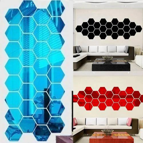 12Pcs Hexagonal Mirror Wall Sticker Background Removable Ste