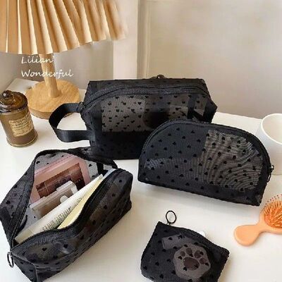 Neceser Black Heart Travel Cosmetic Bag Fashion Mesh Small L