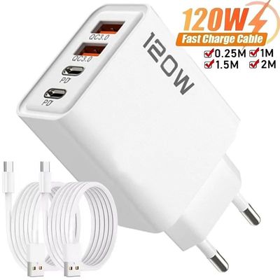 120W 4 Port USB Type C Charger Quick Charging Data Cable USB