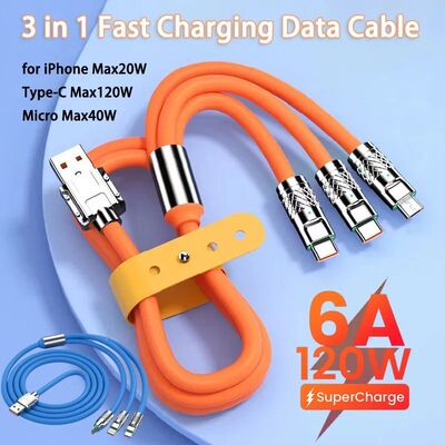 120W 6A 3In1 Quick Charging Type C Cable Micro USB Charging Cable For iPhone Samsung Huawei Charger