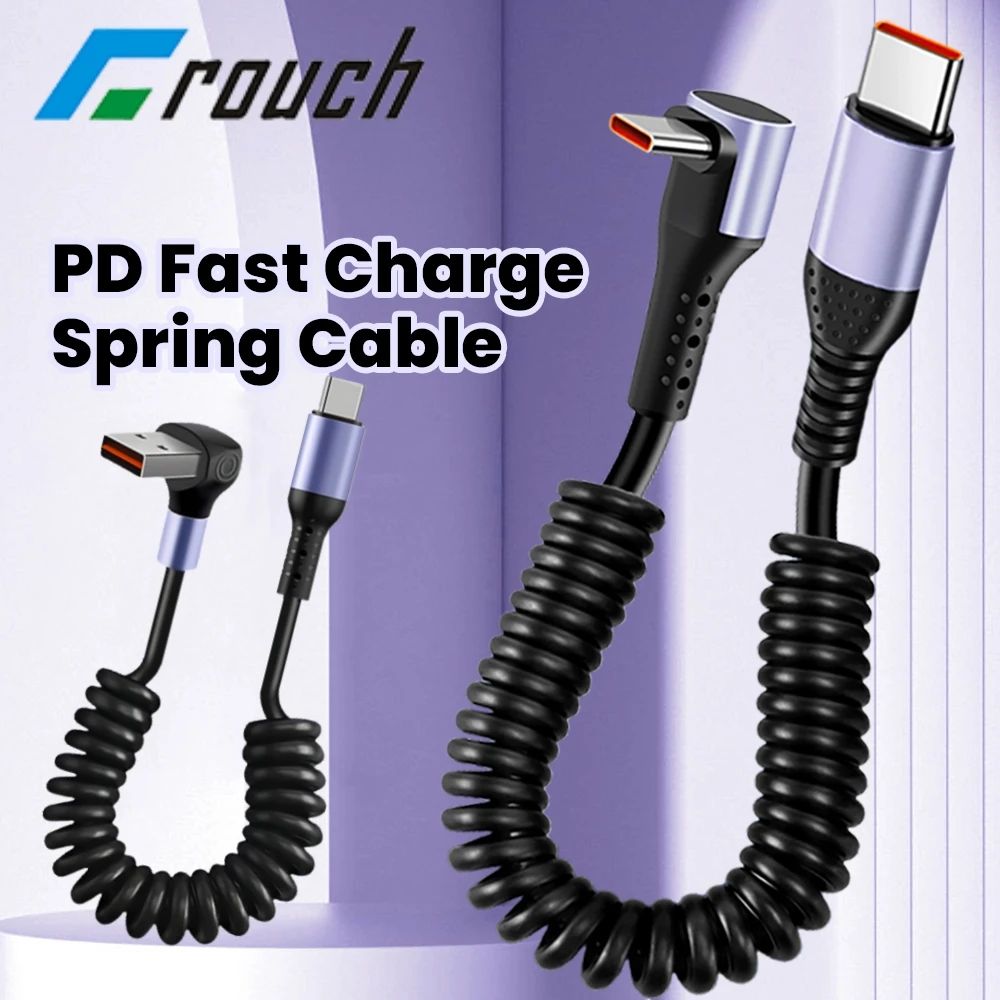 Elbow 90 Degree USB Type C To C Cable Spring Retractable USB C Cable 6A 66W Quick Charging Data Cord
