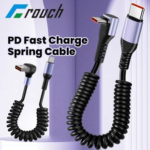 Elbow 90 Degree USB Type C To C Cable Spring Retractable USB C Cable 6A 66W Quick Charging Data Cord