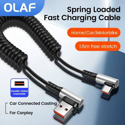 6A USB Type C Data Cable 90° Elbow Car USB Spring PD Quick Charging Cable for iPhone 15 Sumsung POC
