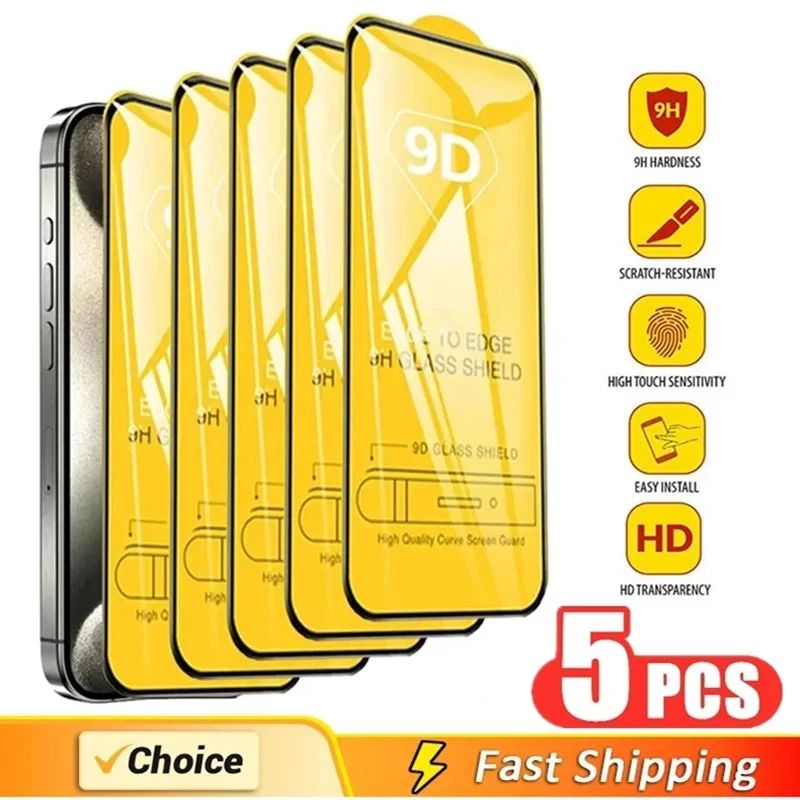 5Pcs 9D Protective Glass For iPhone 15 13 12 11 14 Pro Max Mini 8 Plus Screen Protector For iPhone 1