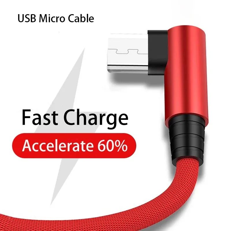 USB Micro Cable 3A 90 Degree Elbow Data Cable Charger Cord for Samsung Mobile Phone Accessories Quic