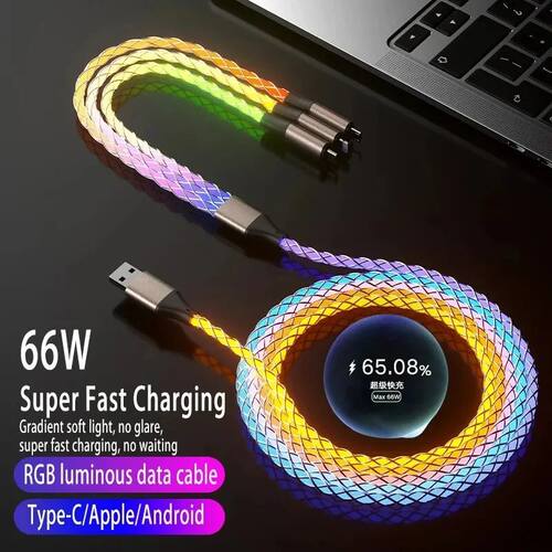 6A Super Quick Charging Colorful Light Data Cable A Drag Three RGB Breathing Gradient Car Charging C