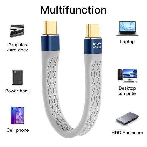 Type-C to Type-C 240W Short Cable Quick Charging USB-C Cord 40Gbps Data Transfer 8K Flat Slim FPC Da