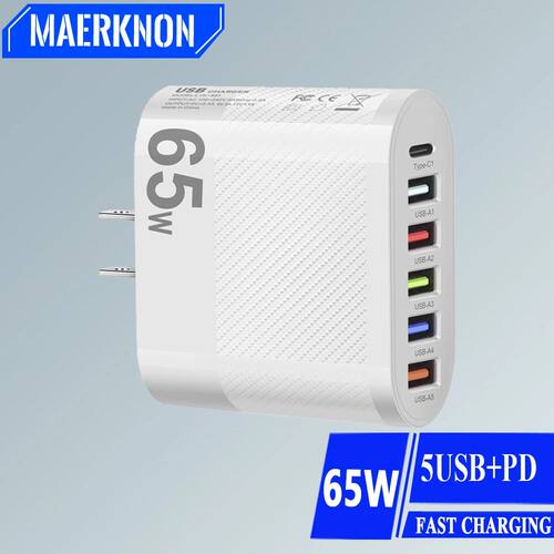 Muti 6 Ports Charger 65W USB High Speed Quick Charging PD Mobile Phone Wall Adapter for Huawei Mate