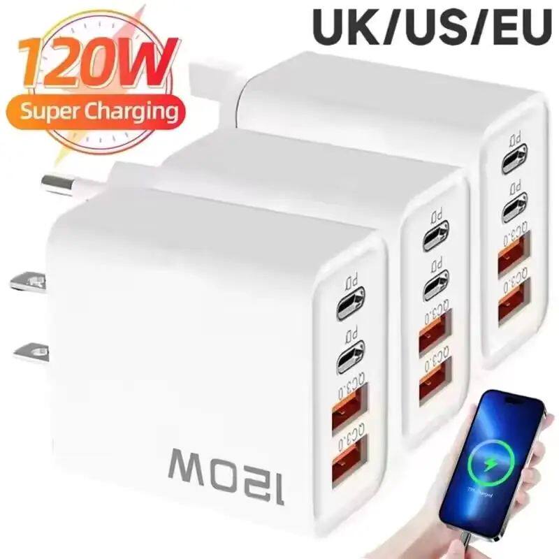 4 Port USB C PD Charger 120W Quick Charger Wall Adapter Type C Quick Charge 3.0 USB Charger For iPho