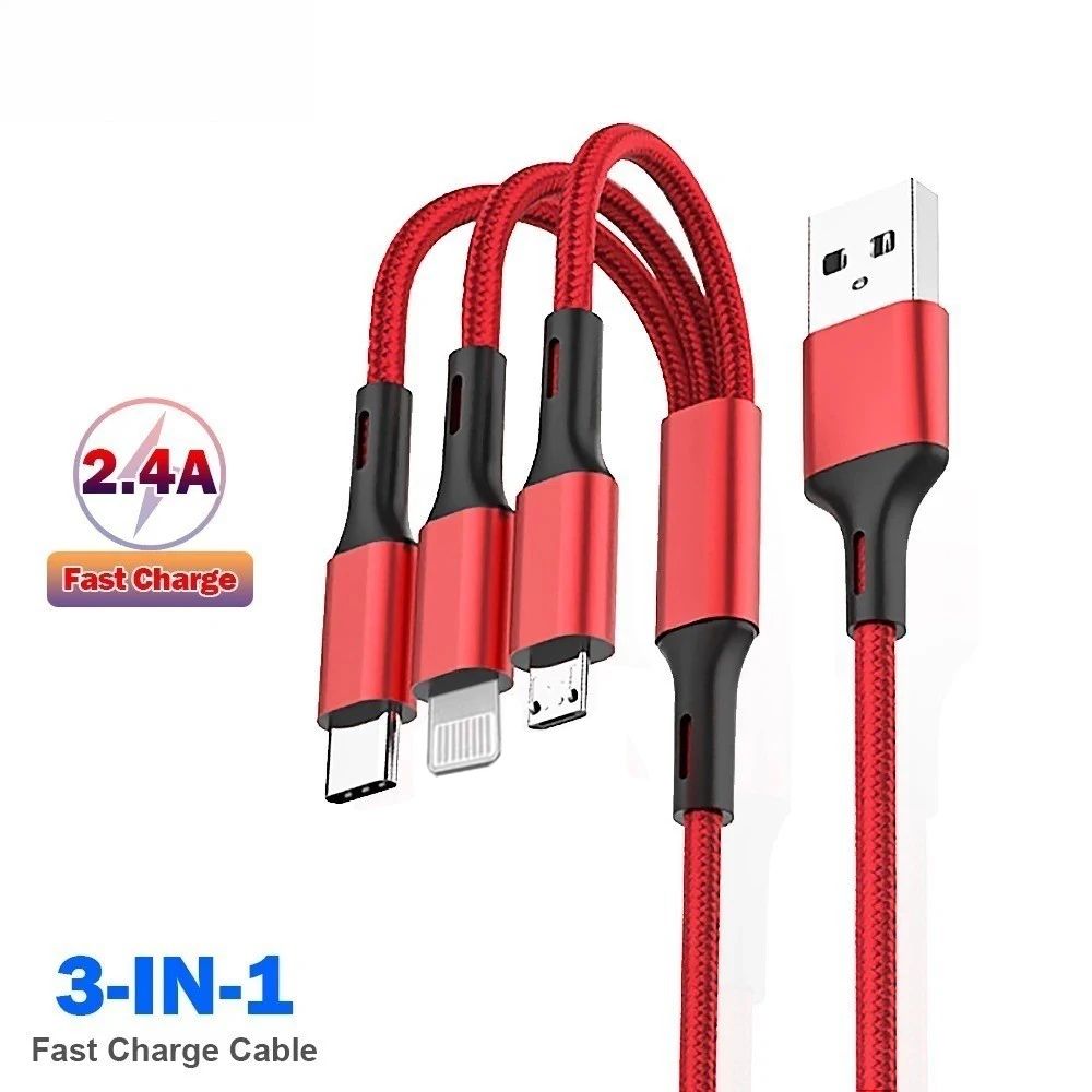 3In1 Quick Charging Cable Cord For iPhone Micro USB Type C Charger Cable Multi Port Multiple Usb Cha