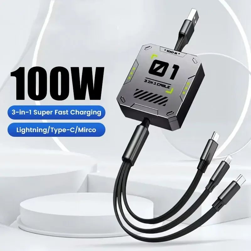 3In1 Retractable Phone Data Cable Type C USB 100w Quick Charging Cable Suitable For iPhone Samsung A