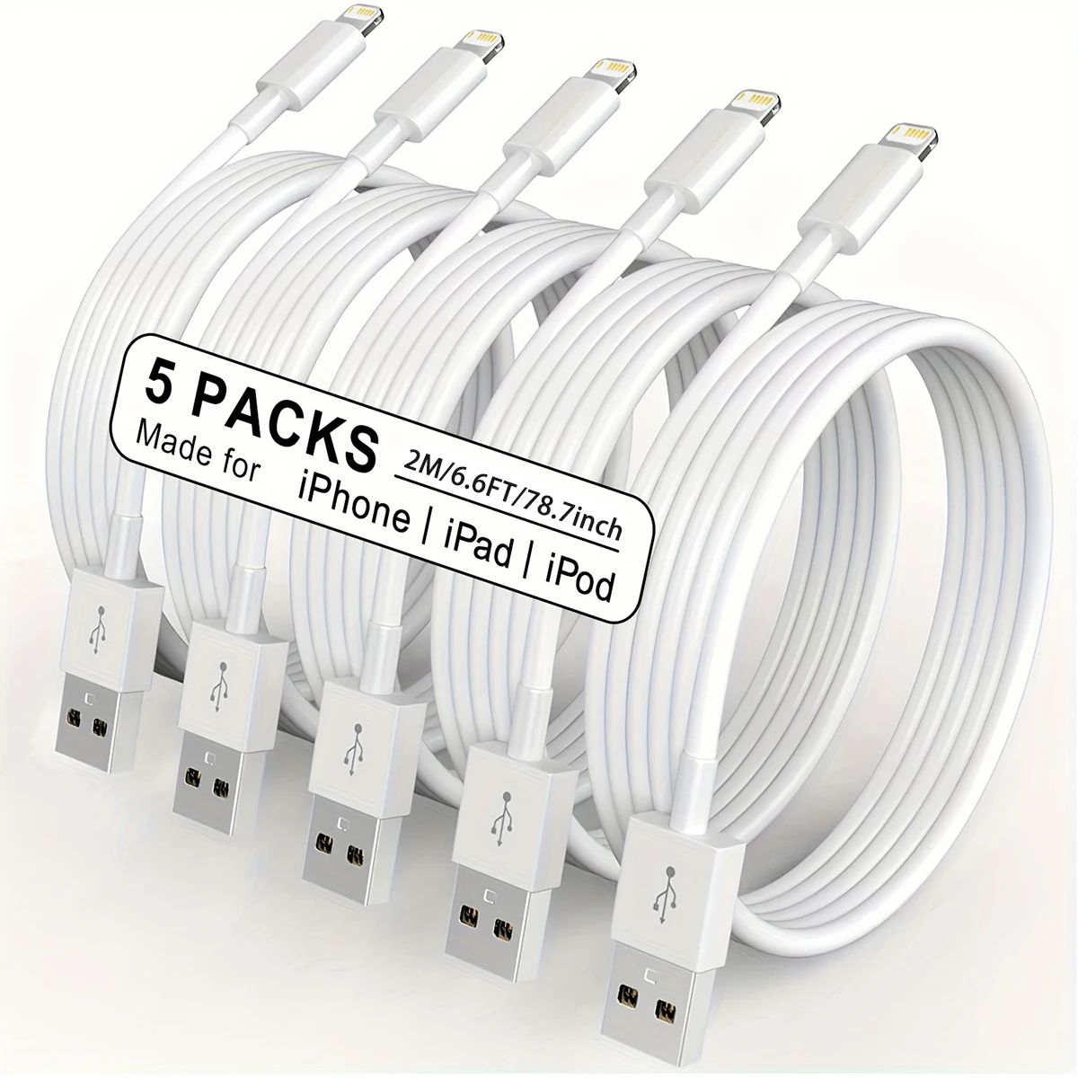 1/3/5Pc USB Cable for iPhone 14 13 12 11 Pro Max Plus XR Xs Max USB to Lightning 6.6FT Quick Cable C