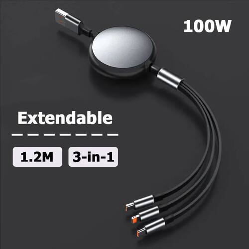 3In1 100W Retractable USB Cable Type C Quick Charging Cord Micro USB Charger For Iphone Android Phon