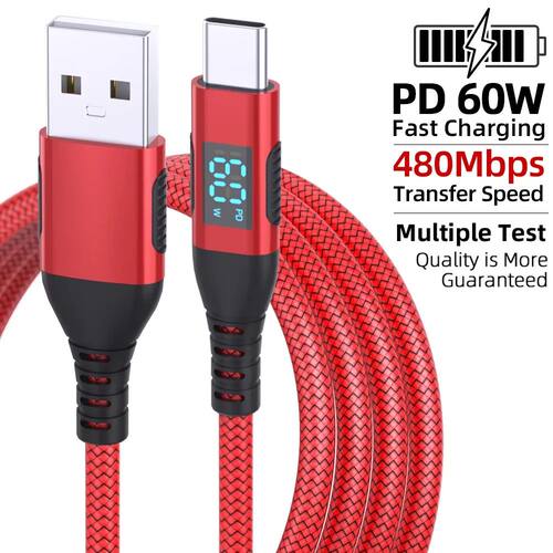 1PC USB To Type C Cable 60W Quick Charging Charger Wire LED display For Samsung Laptop USB C Cord 1M