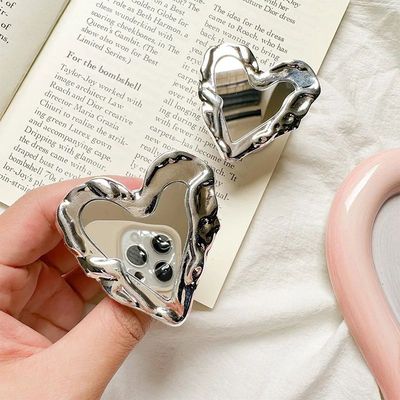 3D Metal Silver Love Heart Mobile Phone Holder Griptok Mirro