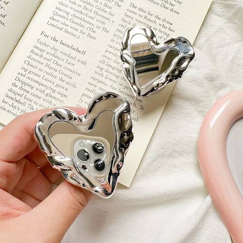 3D Metal Silver Love Heart Mobile Phone Holder Griptok Mirro