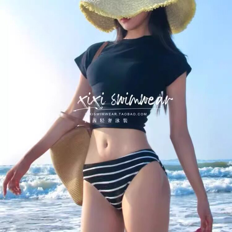 茜茜泳装酷黑辣妹黑涩会美眉腻腻条纹比基尼搭经典黑色棉T恤罩衫