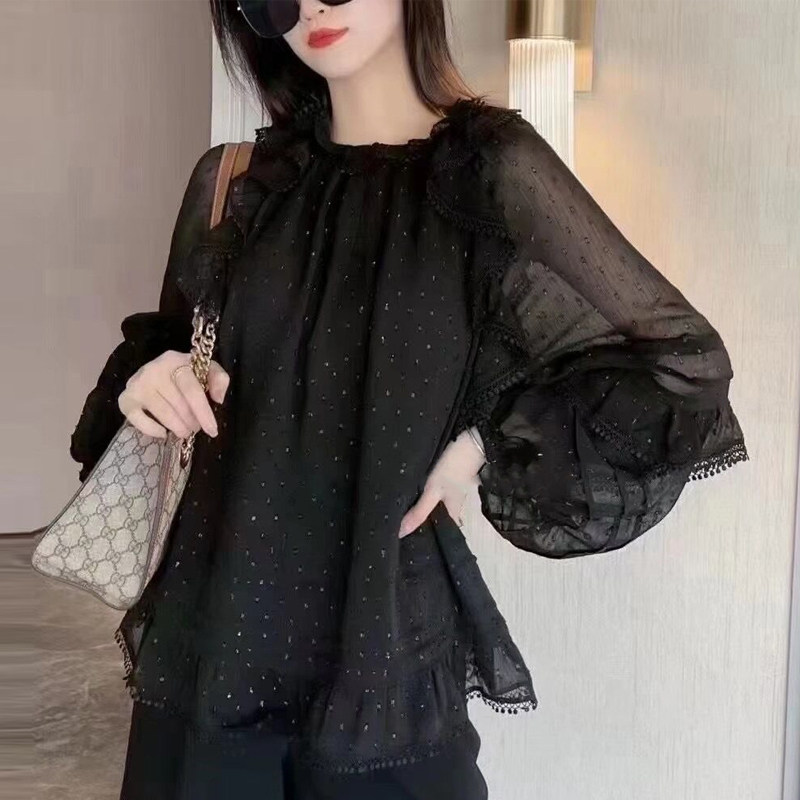 年阿玛施新特官网2021夏秋新款女装圆点衬衣荷叶边灯笼袖雪纺衬衫