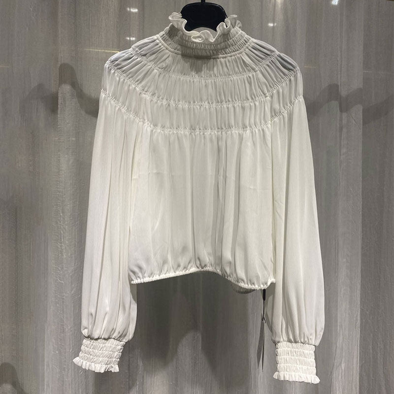 年阿玛施新特官网2021春新款百搭女装立领木耳边衬衣皱褶长袖衬衫