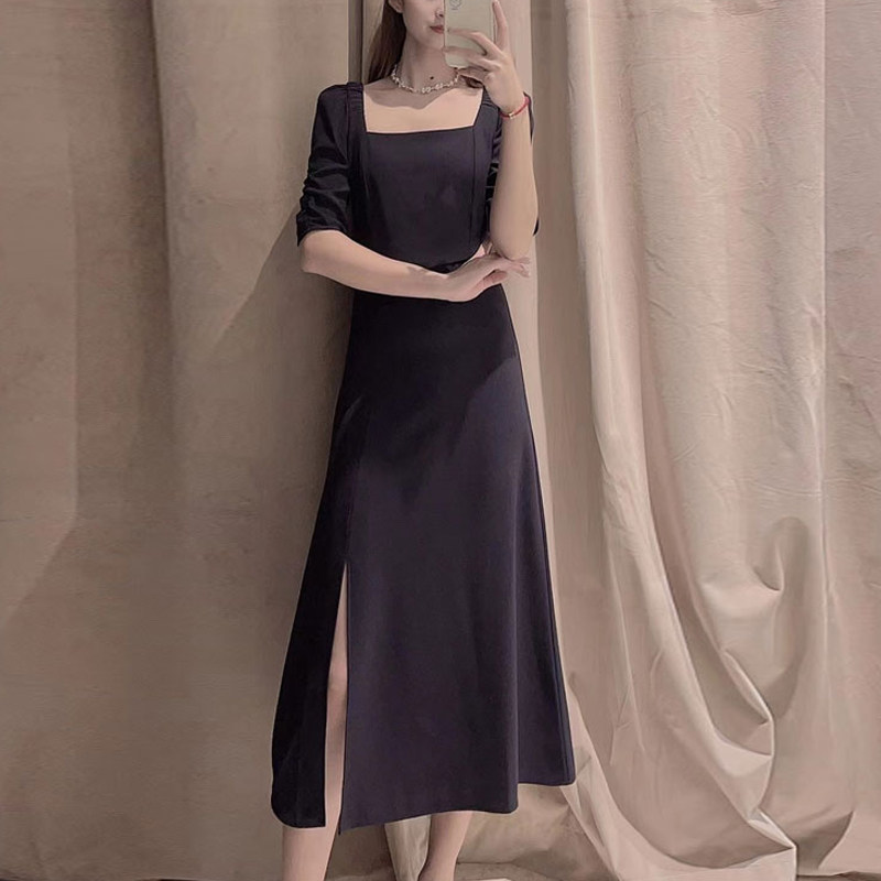 年阿玛施新特2021夏新款修身百搭女装气质过膝高腰短袖连衣裙