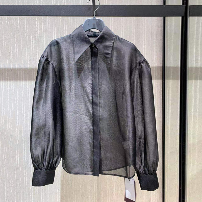 年阿玛施新特官网2021夏新款气质女装尖领衬衣透视欧根纱长袖衬衫