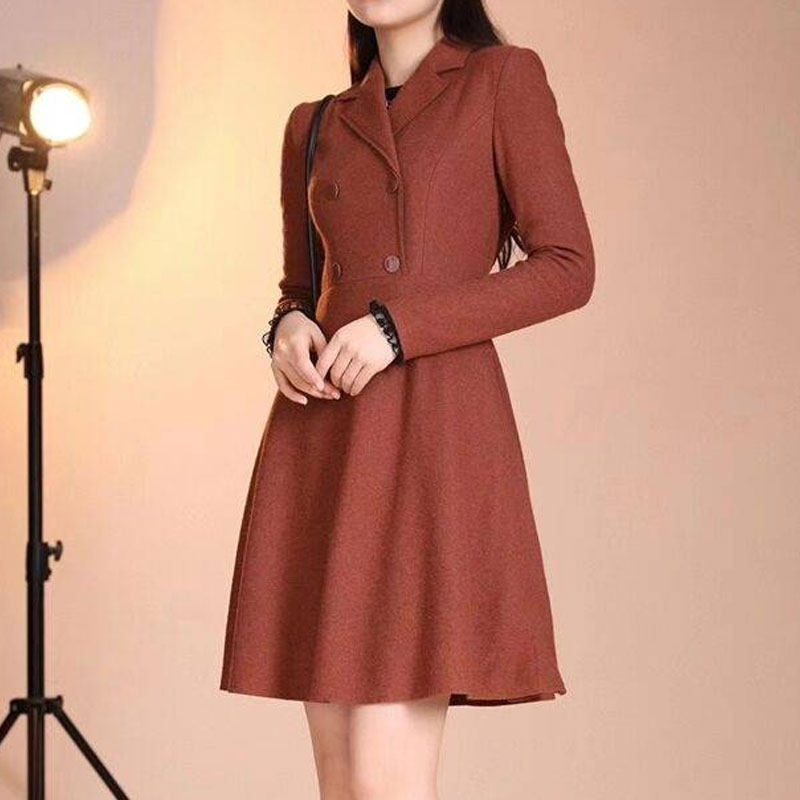 年阿玛施新特官网2021秋季新款高腰修身女装双排扣收腰毛呢连衣裙
