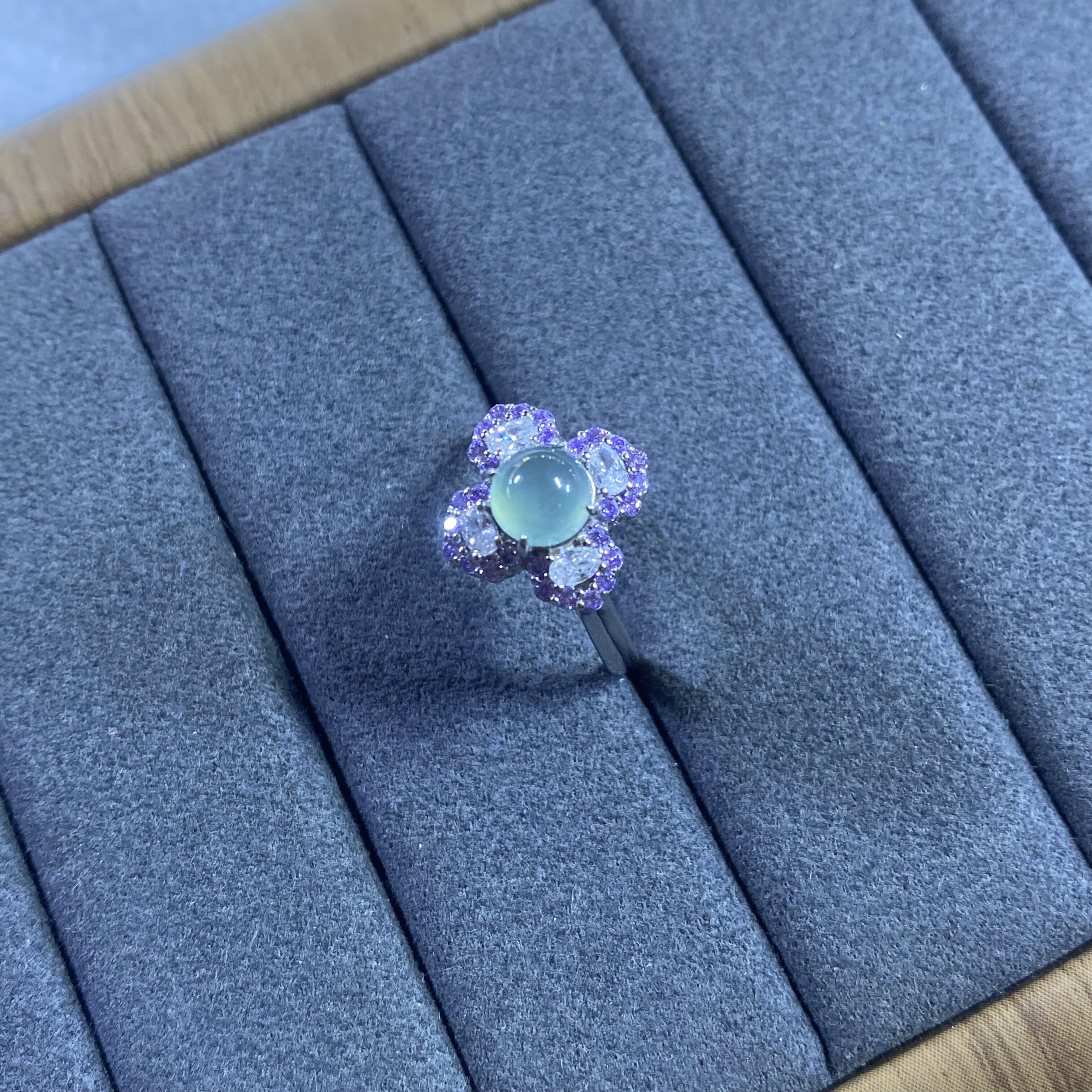 新款A货冰种翡翠戒指情人节生日礼物S925银镶嵌电镀18K金防过敏