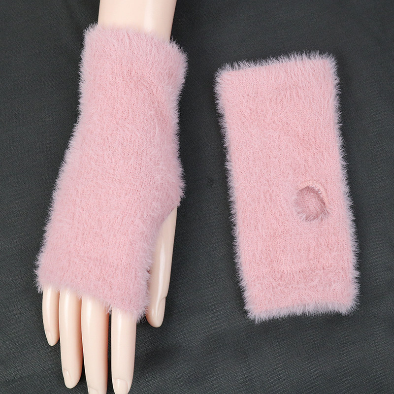 露指针织仿貂毛写字防寒冬天手套