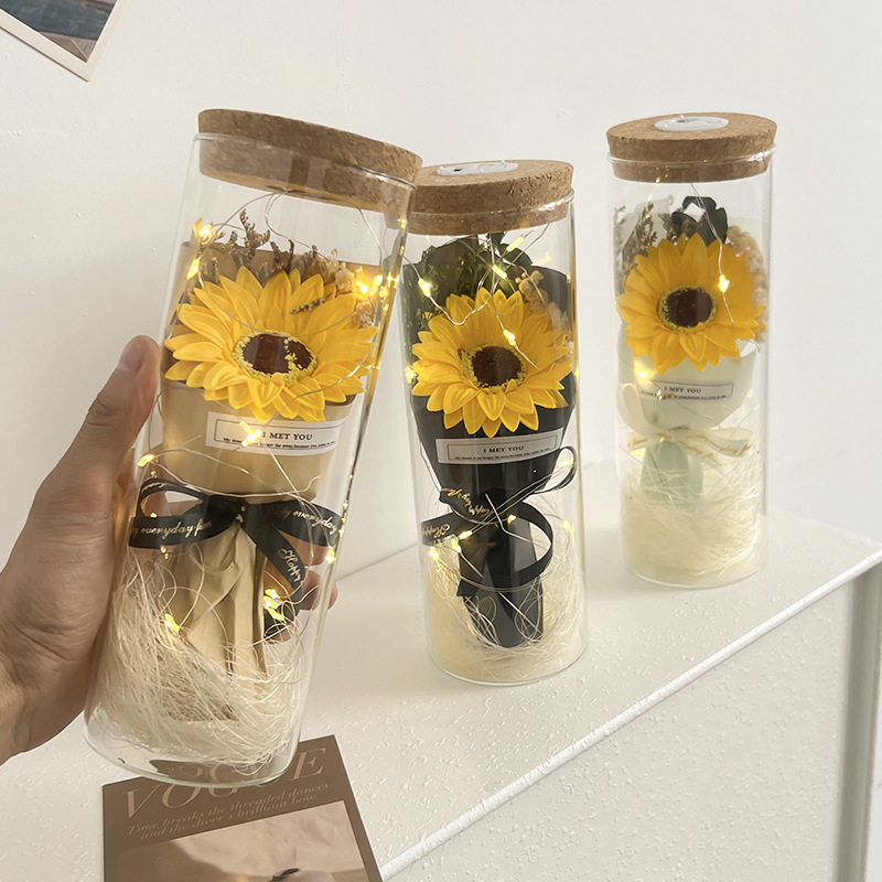 教师节花束玻璃瓶太阳花摆件香皂花七夕节礼物向日葵花送老师跨境