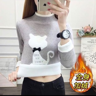 加绒加厚 学院风秋冬新款 修身 半高领套头毛衣女长袖 百搭打底针织衫