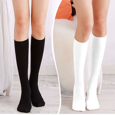 Women Soft Knee High Stockings Black White Long Socks Non-Sm